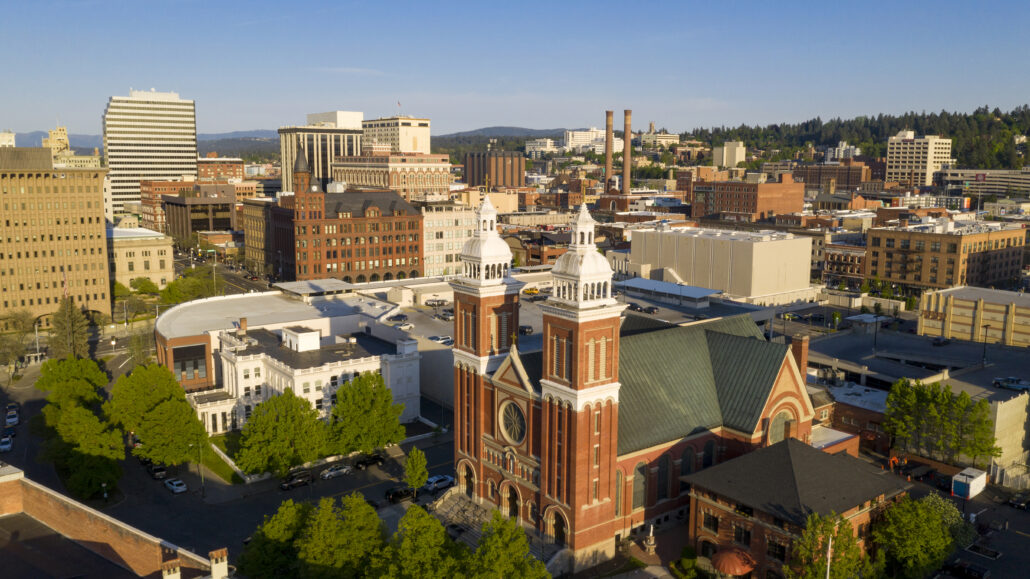 Historic buildings at the forefront in the downtown urban area of Spokane Washington